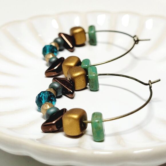 Artisan earrings  671# NEW bohemian Chunky hoop earrings multicolor beads Antiq - Picture 5 of 5